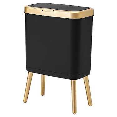 Procade Office Trash Can with Lid Black Bathroom Trash Can with Gold Edge Modern Narrow Garbage Can with Legs Slim Plastic Trash Bin for Bedroom Living RoomKitchenToilet 4 Gallon