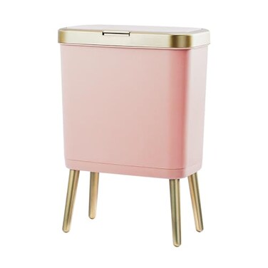 Procade Bathroom Trash Can with Lid 4 Gallon Pink Garbage Can Tall Plastic Trash Bin with Push Button Slim Gold Trash Can Waste Basket for Room BedroomOfficeKitchen
