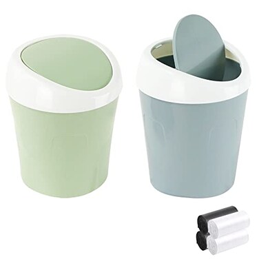 SITAKE 2 Pcs Plastic Mini Wastebasket Trash Can with 120 Trash Bags Tiny Desktop Waste Garbage Bin with Swing Lid for Home Office Kitchen Vanity Tabletop Bedroom Bathroom Blue Green
