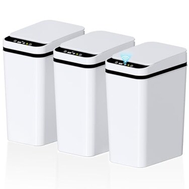 jinligogo 3Pack Bathroom Small Trash Can with Lid 26 Gallon Touchless Automatic Garbage Can Slim Waterproof Motion Sensor Smart Trash Bin for Bedroom Office Living RoomWhite