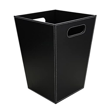 KINGFOM Classic Pu Leather Trash Can Wastebasket Garbage Container Bin with Handles for Bathrooms Powder Rooms Kitchens Home Office and and High Class Hotel Square Black
