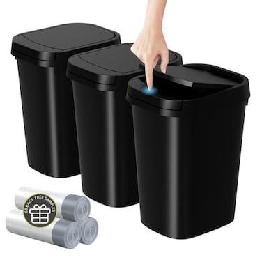 KSSKSS 3 Pack Bathroom Small Trash Can with Lid 26 Gallon Slim Garbage Bin with PopUp Lid 10L Plastic Wastebasket for Bedroom Office Kitchen Toilet Matte Black