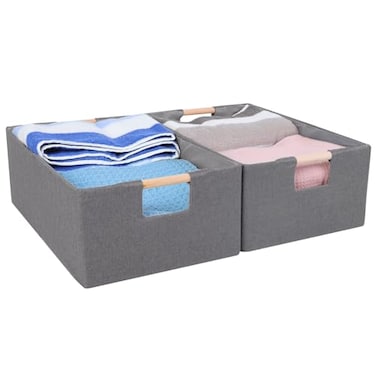 ANMINY 2PCS Closet Storage Baskets for Shelves 134 x 9 Inch Collapsible Fabric Storage Bins with Wood Handles Cloth Shelves Organizer Bins Decorative Fabric Baskets Small Gray