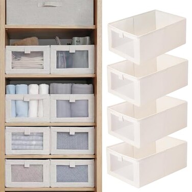 Pradnel Linen Closet Organizers And Storage 4 Pack Storage Bins Baskets for Organization Foldable Organizer with Clear Window Organizing Clothing Jeans Shelves