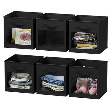SpaceAid Storage Cubes with Clear Windows Set of 6 Fabric Bins 11 Inch Foldable Baskets Boxes for Closet Cubby Shelf or Cube Storage Organizer Black