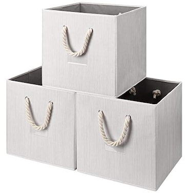 i BKGOO Foldable Storage Cube Bins BeigeWhite Bamboo Fabric Collapsible Resistant Basket Box Organizer with Cotton Rope Handle for Home Office and Nursery 13x13x13 inch