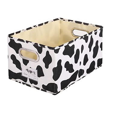 ANMINY Fabric Storage Bin Cow Print Cotton Linen Foldable Open Storage Basket Box with Handles PP Plastic Board Label Window Pocket Decorative Washable Desktop Closet Shelf Organizer Container Small