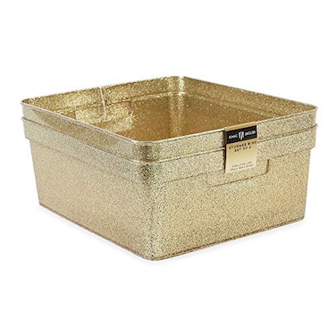 Isaac Jacobs Medium Glitter Storage Bin 14 x 115 x 55 Set wCutOut Handles Plastic Organizer MultiFunctional Home Storage Solution Kids Playroom Bedroom Closet 2 Gold
