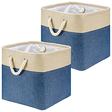 HSDT Beige and Navy Blue Linen Fabric Storage Cubes 13x13x125 2 Pack 13 by 13 Cube Storage Bins Collapsible Cubby Bins for Shelves Closet Organization