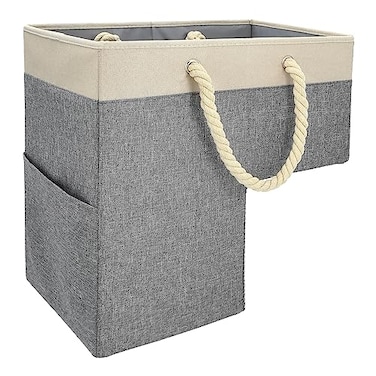 SAM AND MABEL Stair Basket for Carpeted and Wooden Stairs Foldable Staircase Basket with Thick Cotton Rope Handles Modern Stairway Storage Organizer Lite Cream and Gray with Side Pocket