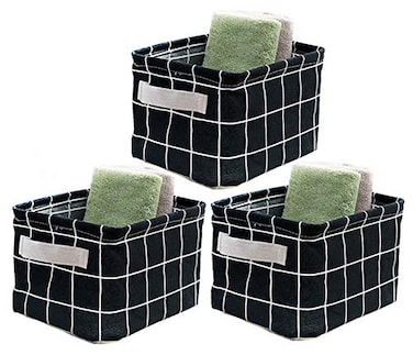 AARAINBOW 3 Packs Storage Basket Bins Canvas Mini Storage Cubes Storage Basket for Makeup Toys Liners Books Storage Baskets with Handles for Shelves Desks3 Black