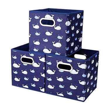 HSDT 13x13x13 Inch Collapsible Storage Cubes 3 Pack Blue Nautical Ocean Themed with White Whale Pattern Sturdy Cloth Cubes with Cardboard Support for Cubby Storage