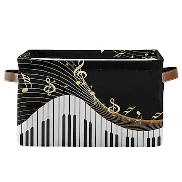 AUUXVA Music Piano Keyboard Note Storage Bin Kids Women Canvas Compressible Organizer Storage Cube with Handle Storage Basket Box for Bedroom Closet Shelves 1PC