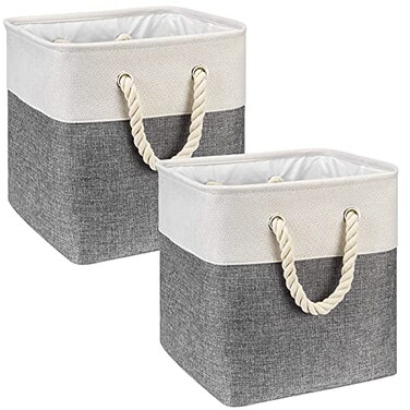 HSDT Fabric Cube Storage Bins 13x13x125 Inch GreyBlack Cube Storage Boxes Collapsible Large Cloth Organizer Baskets with Cotton Rops Handles for Storage Cubbies or Closet Shelf QYSC252
