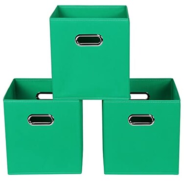 Yunkeeper Green Foldable Storage Bins 11x11x11 Set of 3 Fabric Cube Organizer with Handle for Cloth or Accessory Storage