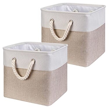 HSDT Fabric Cube Storage Bins 13x13x125 Inch LightBrown Cube Storage Boxes Collapsible Large Cloth Organizer Baskets with Cotton Rops Handles for Storage Cubbies or Closet Shelf QYSC262