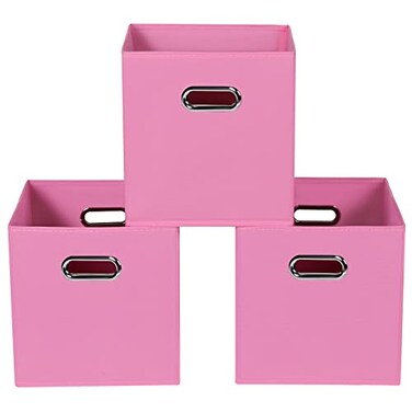 Yunkeeper Fabric storage bins Cubes Fabric Cube Organizer with Handle Foldable Cube Bins for Cloth or Accessary Storage 11x11x11 Set of 3 Pink
