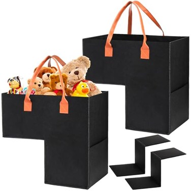 Yopay 2 Pack Stair Basket with Leather Handle Upgraded Foldable Step Basket Bins for Stairs Felt Staircase Storage Organizer with Supporting Insert for Carpeted Wooden Stair Book Clothes Computer