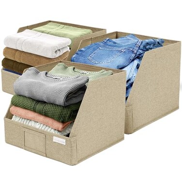 VIVIDECOR Open Front Storage Cubes 12x12x10 Trapezoid Closet Shelf Bins Easy Access Fabric Organizer for Clothes Towels Sweaters Brown 3 Pack