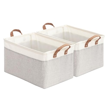 STORAGEIDEAS Storage Basket Bins with Metal Frame Large Collapsible Fabric Storage Baskets for Organizing Shelf Basket Organizer WHandles for Towels Laundry Nursery 2Pack White Grey
