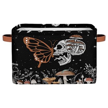 OMFUNS Skull Butterfly Storage Basket Mushroom Star Foldable Storage Bin with Handle Fabric Rectangular Storage Box Organizer for Closet Shelf Home Office Nursery Toy Basket 1 Pack