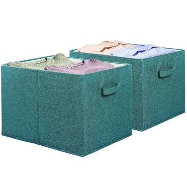 Simple Houseware 15 x 13 Inch Collapsible Fabric Storage Bin with Handles 2 Pack Turquoise