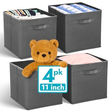 Reli. Reli 11 Inch Cube Storage Bins 4 Pack Cube Organizer Bins 11x11 Fabric Storage Boxes Collapsible Foldable Fabric Cubby Box Square Kids Room Organization Dark Gray