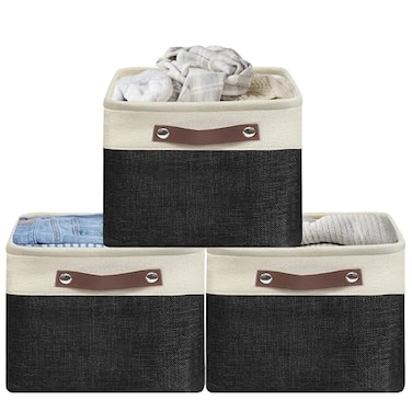 Simple Houseware 15 x 11 Large Fabric Storage Bin for Closet and Shelves Leather Like Handles 3 Pack Black