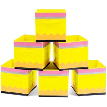 RattanView 6 Pcs 11in Pencil Fabric Storage Bins Classroom Must Have Cubby Basket Bins Return School Treasure Prize Box End of Year Organization for Daycare Elementary Preschool