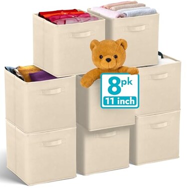 Reli. Reli 11 Inch Cube Storage Bins 8 Pack Cube Organizer Bins 11x11 Fabric Storage Boxes Collapsible Foldable Fabric Cubby Box Square Kids Room Organization Beige