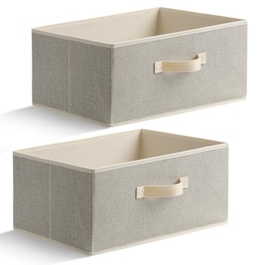 EITMOW 157 Inch Storage Baskets Woven Fabric Bins Storage Cubes with Reinforced Handles Organizer Bins for Closet Shelves Foldable for Clothes Beige 2PCS1571178inch