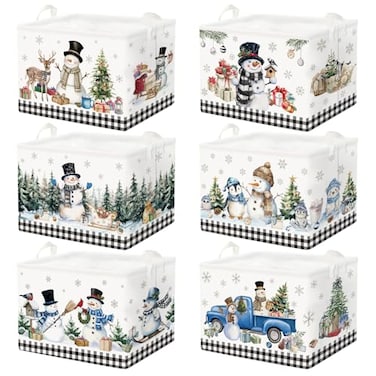 CHENGU 6 Pack Winter Storage Basket Collapsible Winter Basket for Gifts Buffalo Plaid Holiday Decor Large Snowman Bin Foldable Tree Box with Handle for Bedroom Office Home