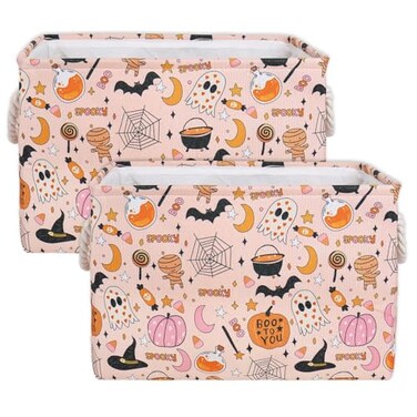 JarThenaAMCS 2 Pcs Halloween Storage Basket Pink Boo Pumpkin Ghost Bat Storage Bins with Handles Rectangle Container Box for Home Office Dorm Shelf Closet Toy