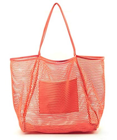 HOXIS Mesh Beach Tote Womens Shoulder Handbag Large Coral