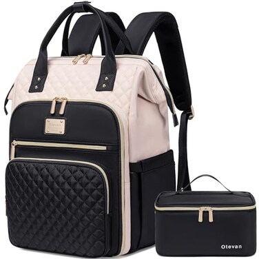 Otevan Lunch Backpack for Women 156 inch Laptop Backpack for Women Work Backpack with LunchboxInsulated Backpack CoolerTeacher Nurse Travel Backpack for Women BeigeBlack 24009