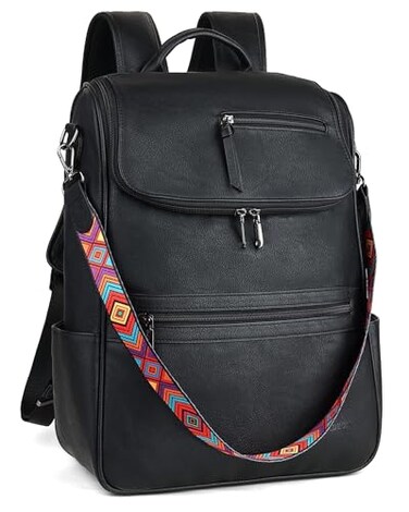 FADEON Laptop Backpack for Women Leather Travel Backpack with Laptop Compartment Designer PU Shoulder Laptop Bag Black
