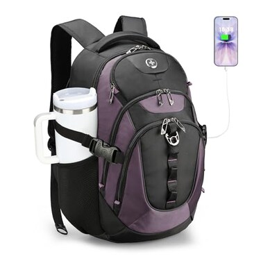 Swissdigital Design Laptop Backpack with USB Charging Port Travel Backpack Fits 156 inches Computer 31L College School Backpack for Women Light PurpleBlack SD80385