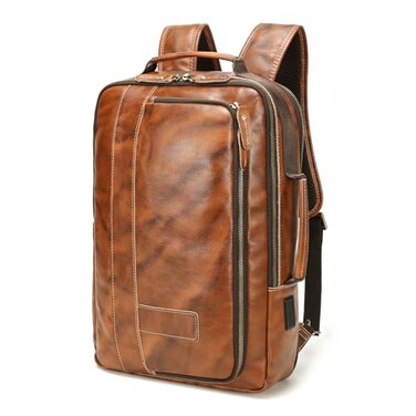 LANNSYNE Vegetable Tanned Leather Backpack for men Expandable Leather Backpack Fits 156 Laptop Tote Shoulder Travel Bag Rucksack