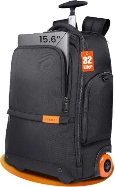 EVERKI 123 Wheeled 32L Laptop Backpack Rolling Backpack for Men Women CarryOn Travel Roller Backpack for Laptops Fits 156 to 16 Inches with Replaceable Wheels for Business Work Black