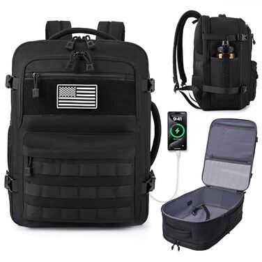 MOZETO TSA Approved Carry On Backpack Extra Large Tactical Travel Backpack for Men Airplane Approved Weekender Bag Water Resistant Lightweight Laptop Daypack for Flight Black