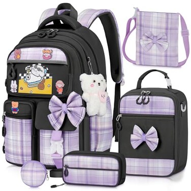 LEWKANA Girls Backpack with Lunch Box Set 5pc Black Cute Kawaii Bookbag for Teens Aesthetic School Backpack for Elementary