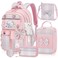 LEWKANA Girls Backpack with Lunch Box Set 5pc Pink Cute Kawaii Bookbag for Teens Aesthetic School Backpack for Elementary