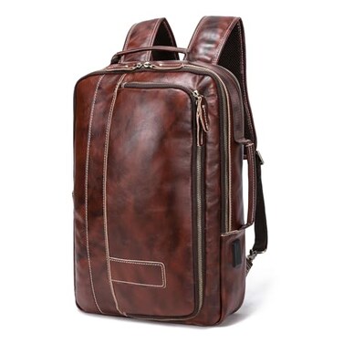 LANNSYNE Vegetable Tanned Leather Backpack for men Expandable Leather Backpack Fits 156 Laptop Tote Shoulder Travel Bag Rucksack