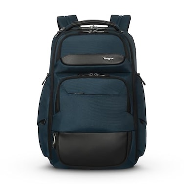 Targus HeritageLuxe Backpack 1516 Blue Laptop Bag with SafeSling Protection RFID Pocket USBC Charging Tracker Slot Eco Fabric Leather Accents TBB65602GL