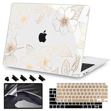 Teryeefi Compatible with 2018 2019 2020 MacBook Air 13 inch Case M1 Chip A2337 A2179 A1932 Retina Display Touch ID Plastic Hard Shell Keyboard Cover Screen ProtectorGold Floral Leaf
