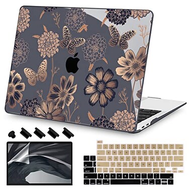 Teryeefi for M1 M2 MacBook Pro 13 inch Case 2022 20202016 Release Model A2338 A2289 A2251 with Touch Bar Plastic Hard Shell Case Keyboard Cover Screen Protector Gold Flowers