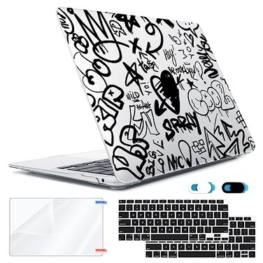 HOHAIYOO Compatible with MacBook Air 13 inch Case 2022 2021 20202018 Release M1 A2337 A2179 A1932 with Touch ID Hard Print Case Keyboard Skin Webcam Cover Screen Protector Black Graffiti