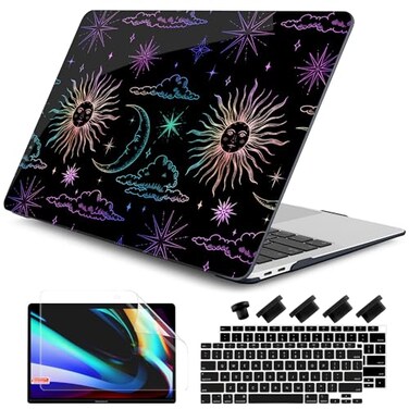 DONGKE Compatible with MacBook Air 13 inch Case 2021 2020 2019 2018 Release A2337 M1 A2179 A1932 with Retina Display Touch ID Plastic Hard Shell Keyboard Cover Sun Moon