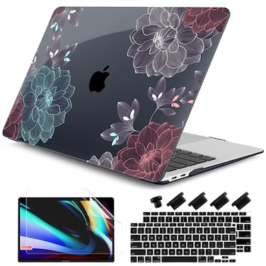 DONGKE Compatible with MacBook Air 13 inch Case 2021 2020 2019 2018 Release A2337 M1 A2179 A1932 with Retina Display Touch ID Plastic Hard Shell Keyboard Cover Dahlia Flowers