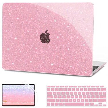G JGOO Compatible with MacBook Air 13 Inch Case 2022 2021 2020 2019 2018 Release M1 A2337 A2179 A1932 Touch ID Glitter Plastic Hard Shell Case 2 Keyboard Covers Screen Protector Sparkly Pink